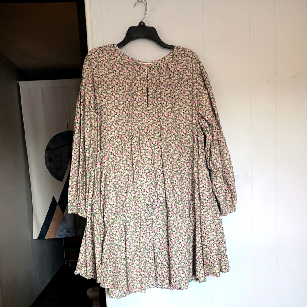 Floral Boho Babydoll Dress - Sage Green & Pink Size Medium